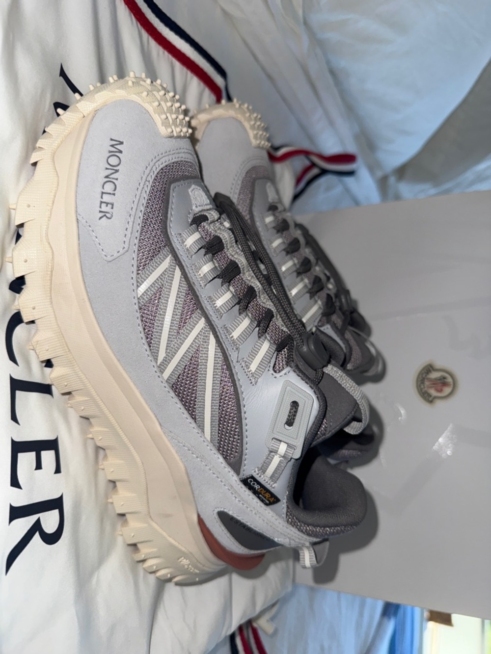 Moncler Gray & Cream Trail Runner Sneakers with Subtle Purple Accents - Picture 3 of 7